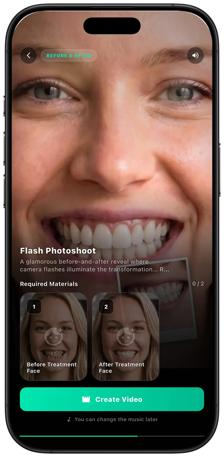 Flash Photoshoot template screen with a glamorous smile reveal